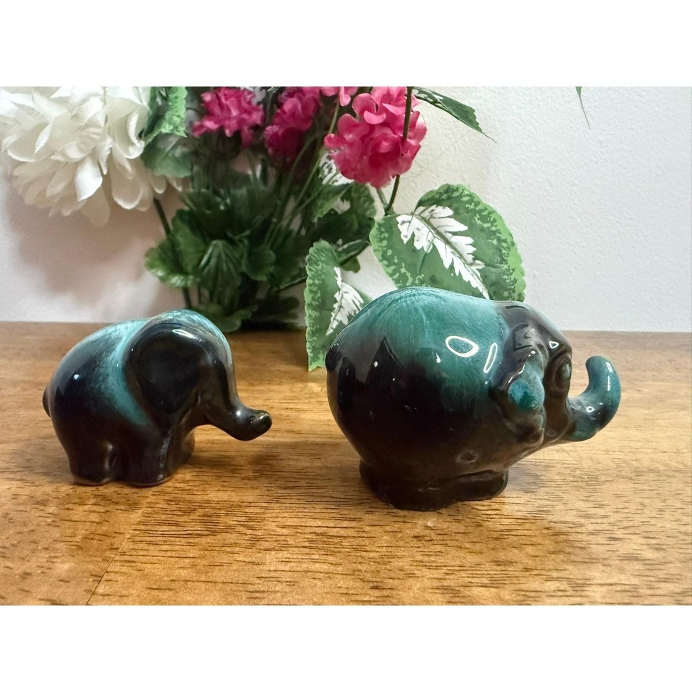 Vintage Pottery Elephant Figurines Blue Green Glaze‎ Set Two Retro Animal Decor